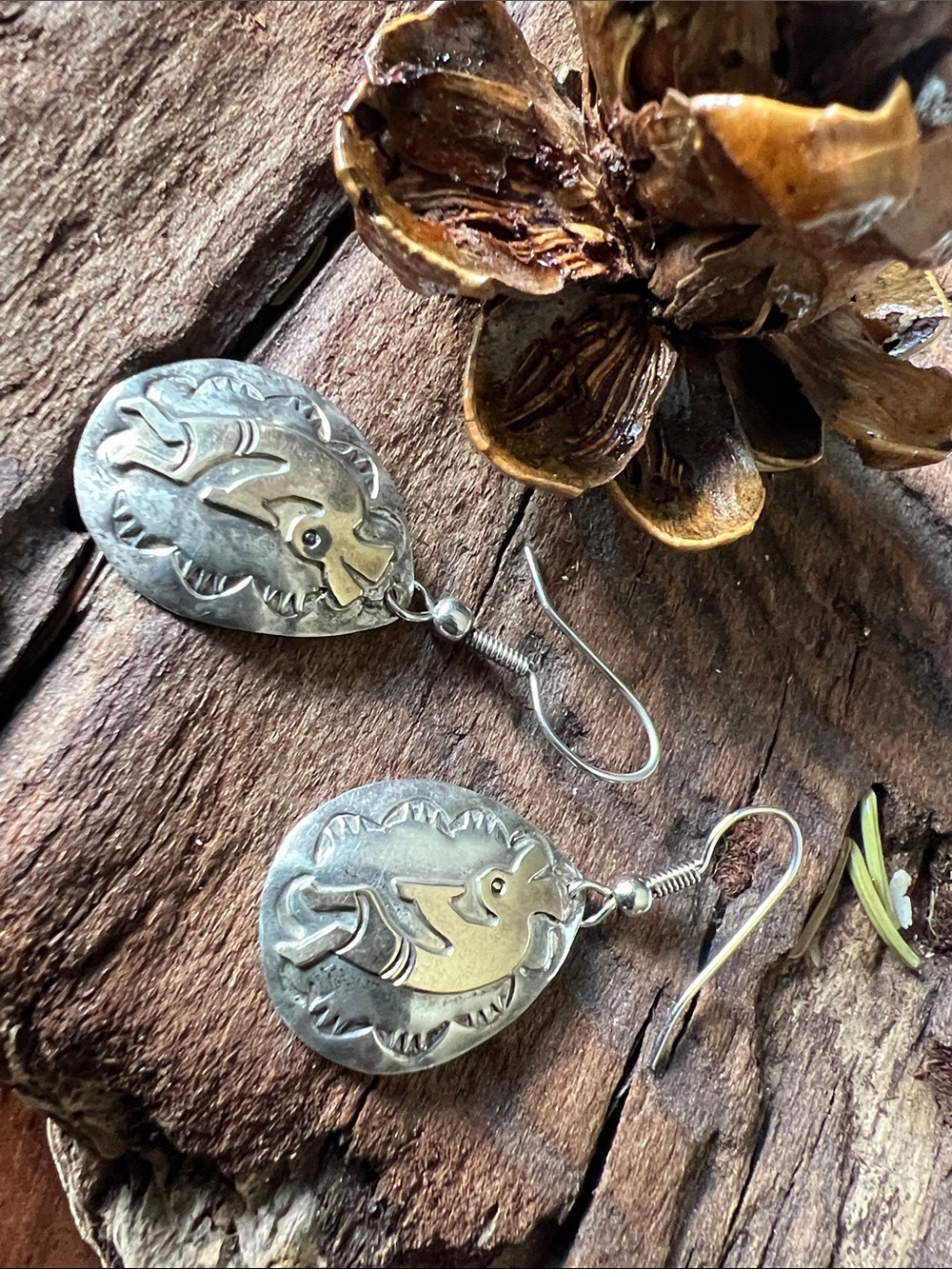 Navajo NA Kokopelli Dancer Earrings 12K Gold Filled Sterling Two Tone Hooks